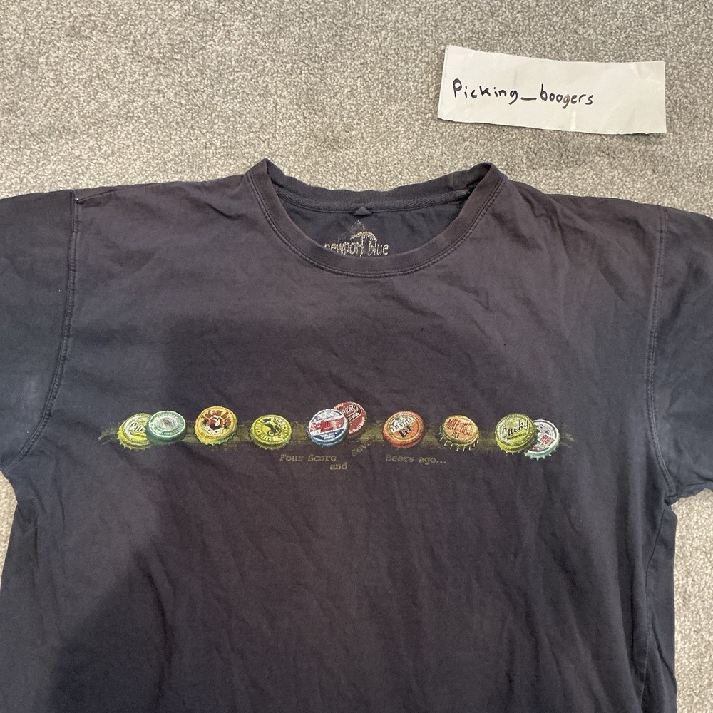 NEWPORT BLUE BOTTLE CAPS Four Score And Seven Beers Ago Size L Black T-SHIRT - Picture 2 of 4